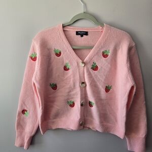 WOHO Pink Strawberry Embroidered Cardigan